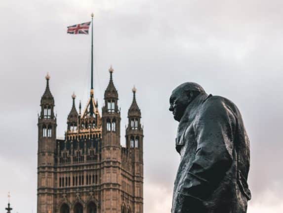 Winston Churchill in front of Parliament and Big Ben